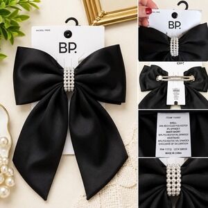 BP. Black Satin Bow Hair Barrette Pearl Beaded Center Nordstrom Nickel Free